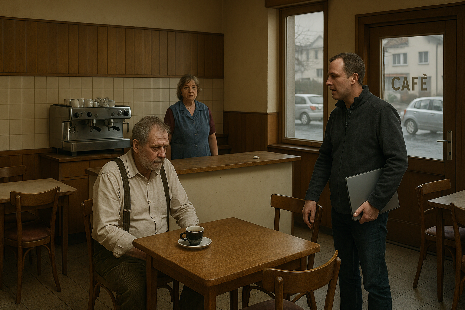 Café in einer bayerischen Kleinstadt, Nachmittag, Winter. Drei Tische, Holzstühle, abgewetzte Polster. Kaffeemaschine hinter dem Tresen, verchromt, alt, älter als die Wiedervereinigung. Eine Frau Ende fünfzig dahinter, Kittelschürze, wartet auf nichts. Am Tresen zwei Männer. Der eine Ende sechzig, verwittertes Gesicht, tiefliegende Augen, grauer Stoppelbart, markante proletarische Züge. Cordhose, breite Hosenträger, weißes Hemd angegraut. Vor ihm eine Kaffeetasse, schwarz, halb leer. Er sitzt. Der andere steht bereits, Laptop unterm Arm, Ende vierzig, Fleecejacke, gepflegt, auf dem Sprung. Er hat den Mund leicht geöffnet, er sagt gerade etwas Höfliches, etwas Abschließendes. Der Sitzende schaut nicht hoch. Die Tür noch zu. Draußen graues Licht, ein geparktes Auto, Provinz. Auf dem Tresen liegt ein einzelner Ohrstöpsel, weiß, vergessen. Der Stehende wird gleich gehen. Der Sitzende wird bleiben. Die Frau hinter dem Tresen wird nichts sagen.
Hyperrealistisch, Medium-Format-Schärfe, Leuchtkasten-Ästhetik. Inszeniert, aber erscheint uninszeniert. Alpenvorland-Atmosphäre, provinzielle Zeitlosigkeit. Holzbraun, Cremeweiß, kaltes Grau durch das Fenster. Keine Sentimentalität. Museumsmaßstab.