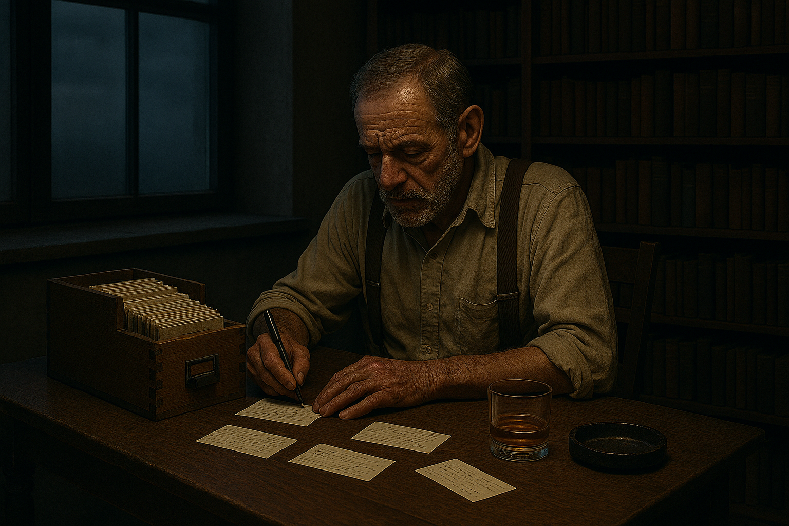 outerrain-Wohnung, Ruhrgebiet, Abenddämmerung. Ein Mann Ende sechzig sitzt an einem Holztisch, Rücken leicht gebeugt. Cordhose, breite Hosenträger, weißes Hemd angegraut, Ärmel hochgekrempelt. Verwittertes Gesicht, tiefliegende Augen, grauer Stoppelbart, markante proletarische Züge. Er schreibt auf eine Karteikarte, Kopf gesenkt, konzentriert.
Vor ihm steht der Zettelkasten. Holz, Metallbeschläge, Schubladen halb offen. Handgeschriebene Karten liegen verstreut auf dem Tisch. Ein Bourbonglas daneben, unberührt. Ein Aschenbecher, leer.
Hinter ihm ein überquellendes Bücherregal. Durch das Kellerfenster fällt graues Licht, Industrielandschaft dahinter, Schornsteine, Dächer, der Himmel über dem Ruhrgebiet. Füße von Passanten auf Gehwegniveau, abgeschnitten, eilig.
Er schaut nicht auf. Er weiß nicht, dass er beobachtet wird. Er schreibt. Der Kasten wartet.